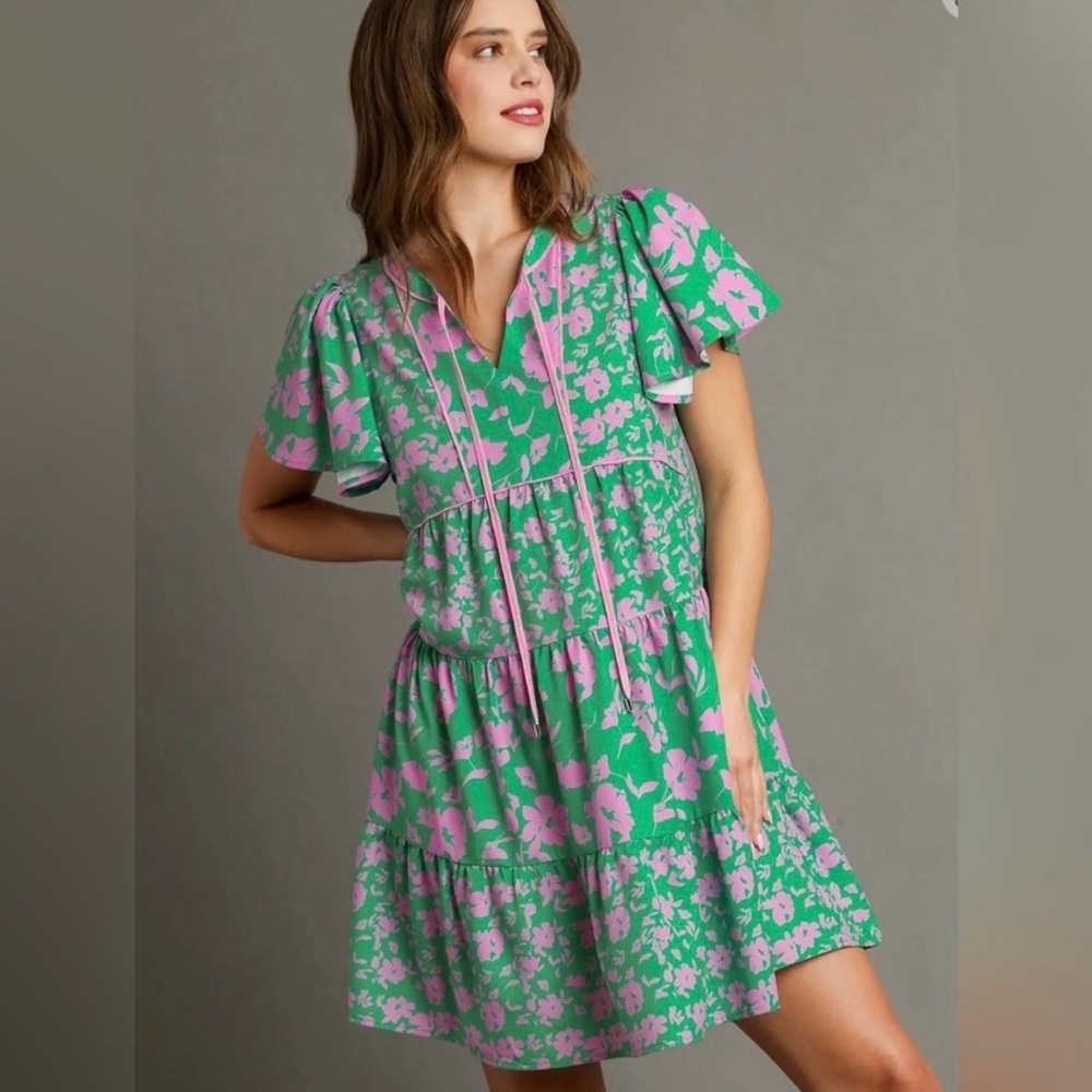 Umgee Green & Pink Floral Ruffle Dress Size Large